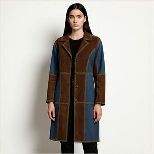 🧥 Vintage 70s Patchwork Suede + Denim Duster Coat L Boho Festival‎ Y2K Retro